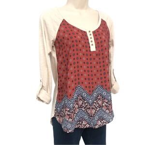 Rewind Boho Inspired  Red White Blue Scoop Neck Roll sleeve Mixed Media Top